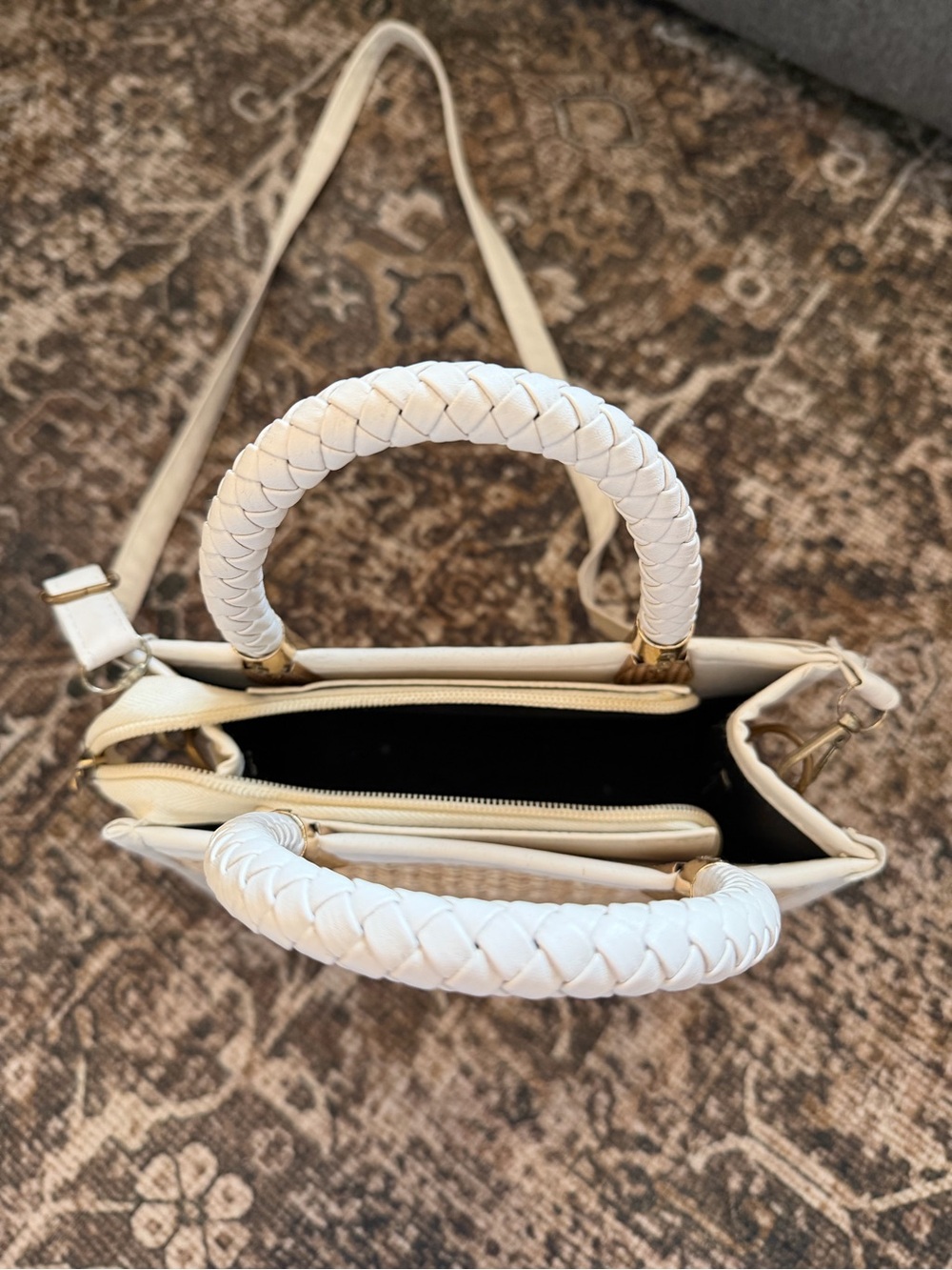 Mini Straw Bag Braided Detail Contrast Binding Zipper Cream & White - Picture 6 of 7